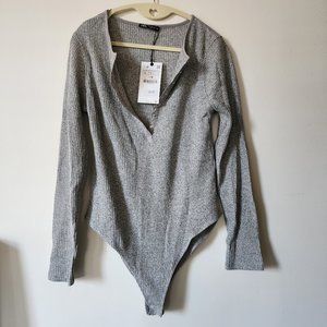 ZARA Ribbed Henley marled gray bodysuit